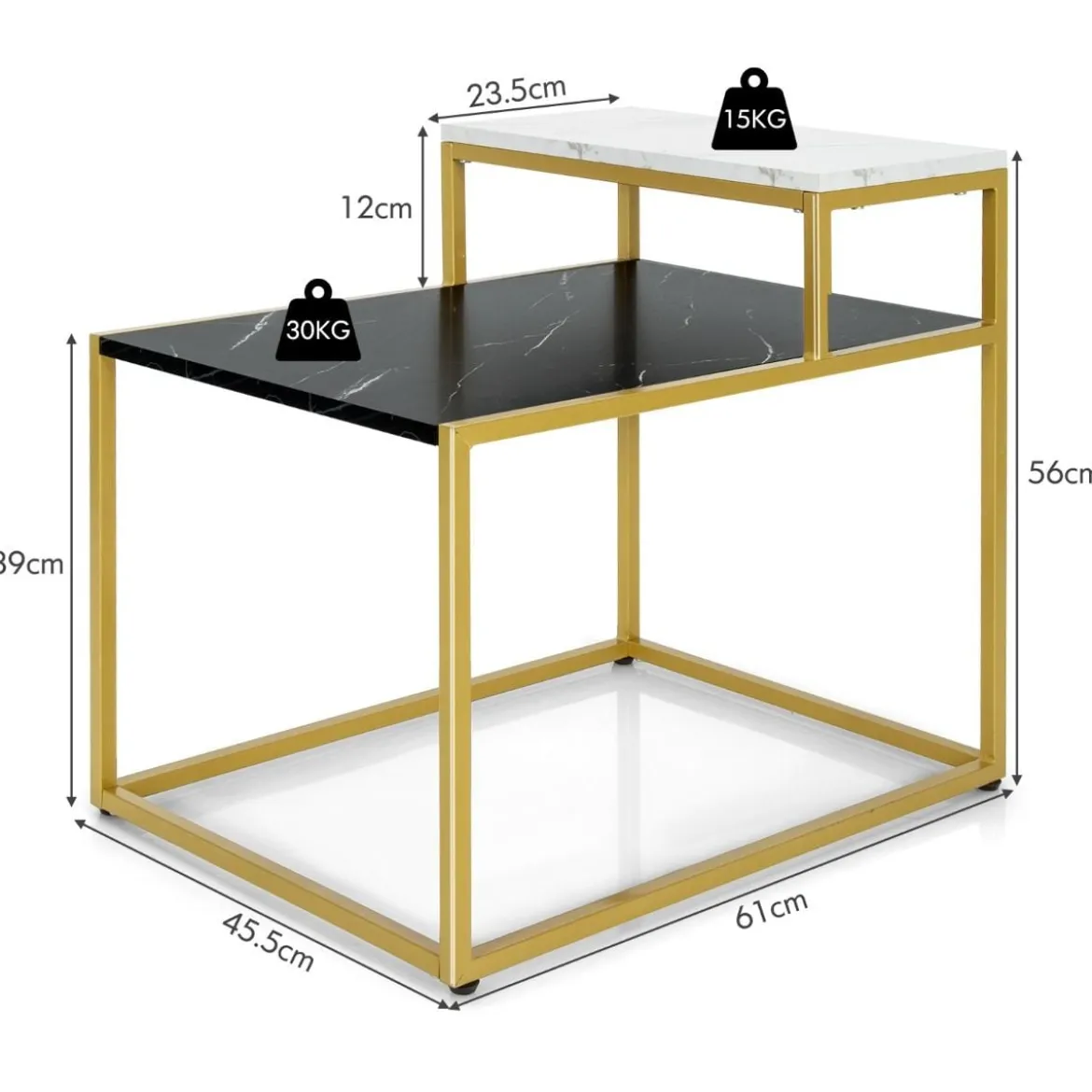 2-stufiger Beistelltisch Sofatisch mit Ablagefläche für Wohnzimmer 61 x 45,5 x 56 cm Schwarz + Weiß