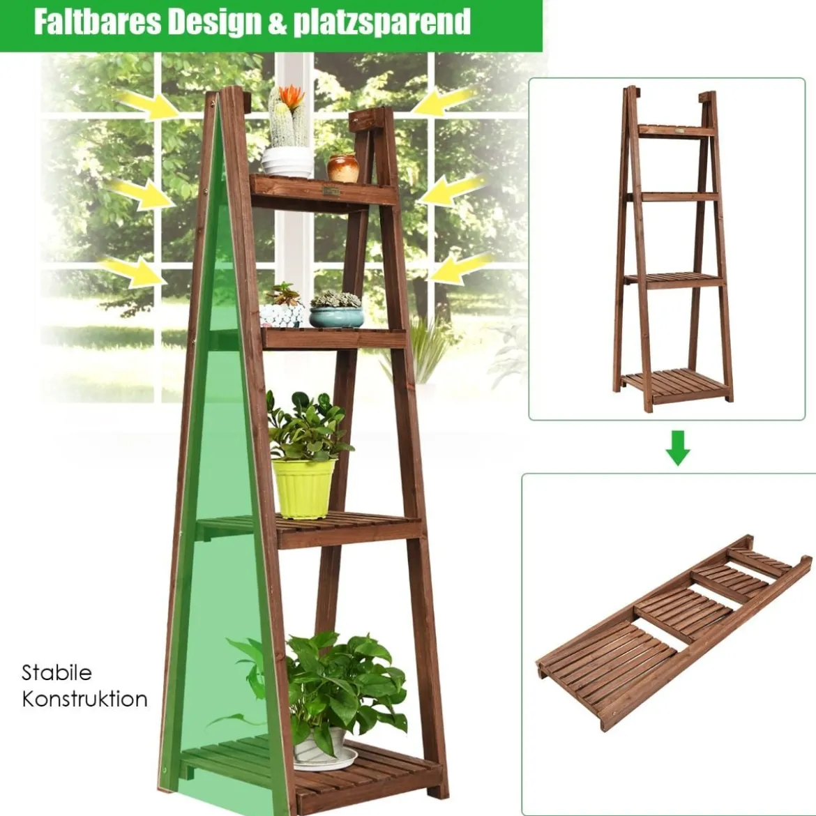 4-stufiger Blumenständer hölzernes Blumenregal Pflanzenständer 45 x 47 x 150 cm Braun