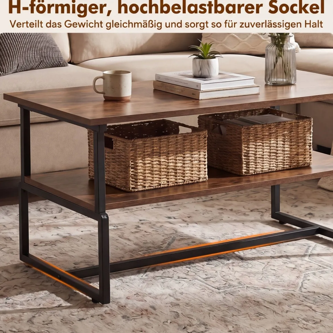2-stufiger Couchtisch Rechteckiger Wohnzimmertisch mit Metallgestell & Holzoptik 85 x 60 x 47 cm