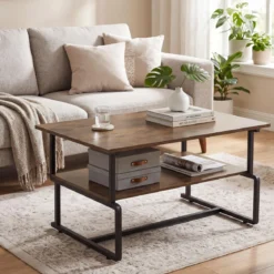 2-stufiger Couchtisch Rechteckiger Wohnzimmertisch mit Metallgestell & Holzoptik 85 x 60 x 47 cm