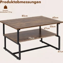 2-stufiger Couchtisch Rechteckiger Wohnzimmertisch mit Metallgestell & Holzoptik 85 x 60 x 47 cm