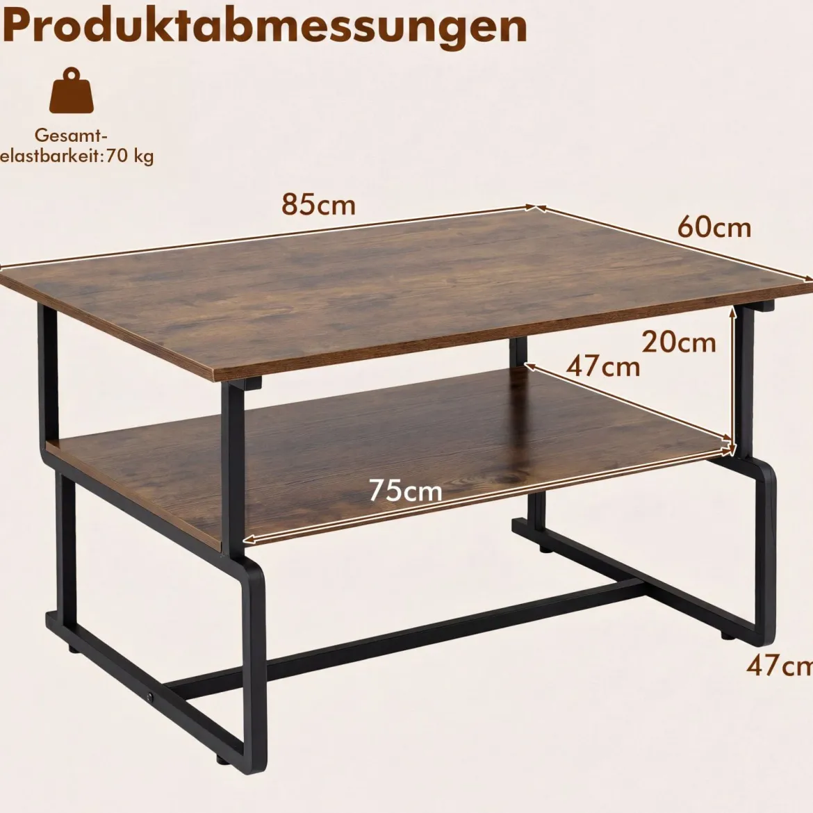 2-stufiger Couchtisch Rechteckiger Wohnzimmertisch mit Metallgestell & Holzoptik 85 x 60 x 47 cm