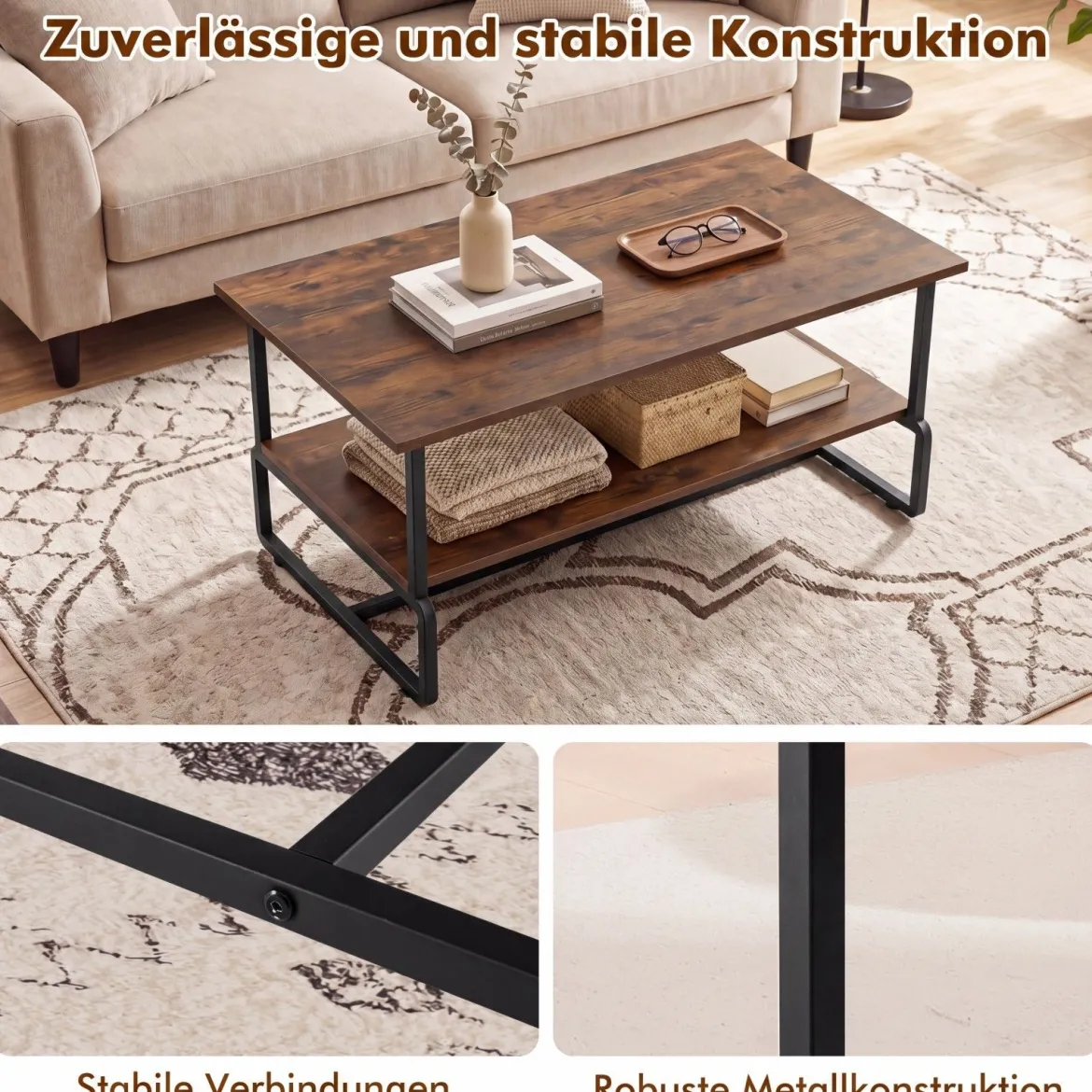 2-stufiger Couchtisch Rechteckiger Wohnzimmertisch mit Metallgestell & Holzoptik 85 x 60 x 47 cm