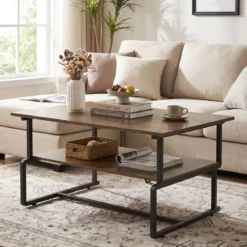 2-stufiger Couchtisch Rechteckiger Wohnzimmertisch mit Metallgestell & Holzoptik 85 x 60 x 47 cm