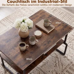 2-stufiger Couchtisch Rechteckiger Wohnzimmertisch mit Metallgestell & Holzoptik 85 x 60 x 47 cm