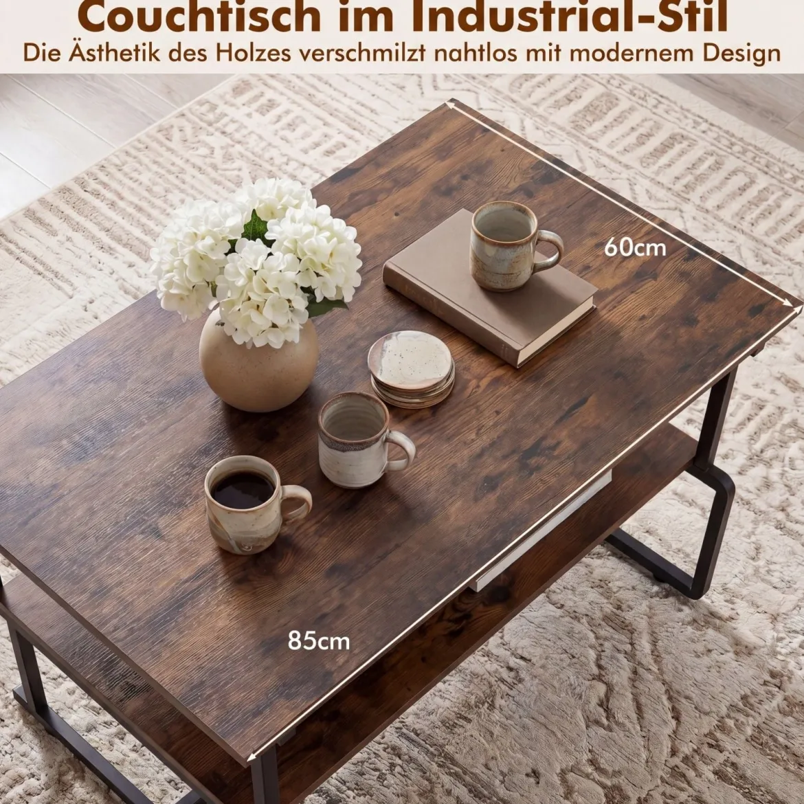 2-stufiger Couchtisch Rechteckiger Wohnzimmertisch mit Metallgestell & Holzoptik 85 x 60 x 47 cm