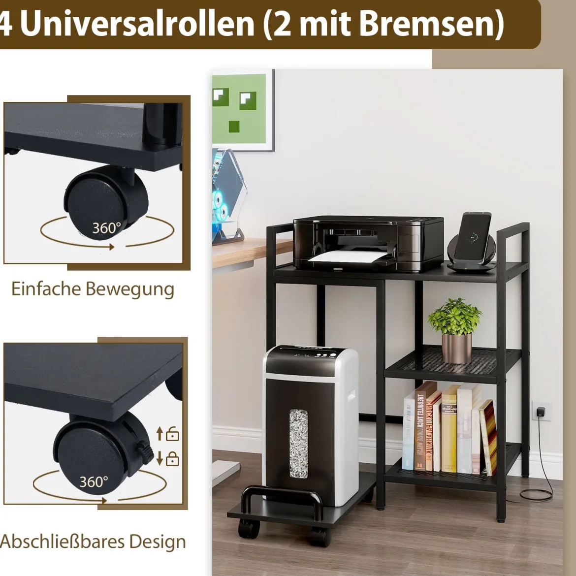 3-stufiger Druckerständer mit Ladestation mobiler Druckertisch mit Ablagefächern Schwarz