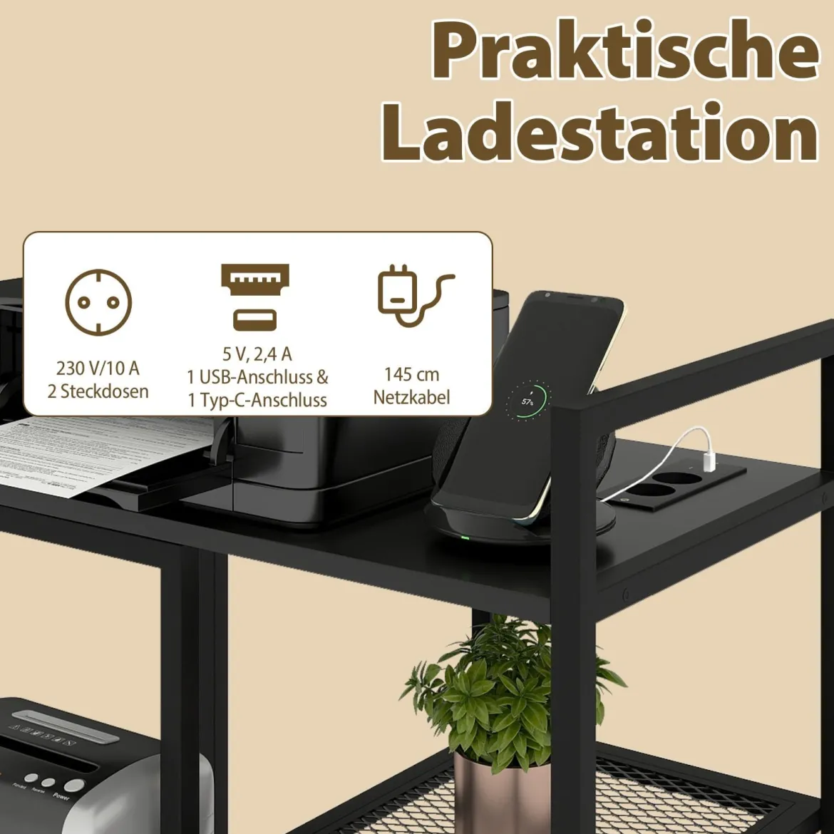3-stufiger Druckerständer mit Ladestation mobiler Druckertisch mit Ablagefächern Schwarz