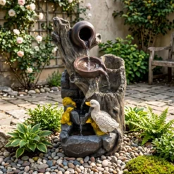 4-Stufiger Gartenbrunnen mit LED-Beleuchtung Dekorativer Zierbrunnen mit Entenmotiv 30 x 27 x 57 cm