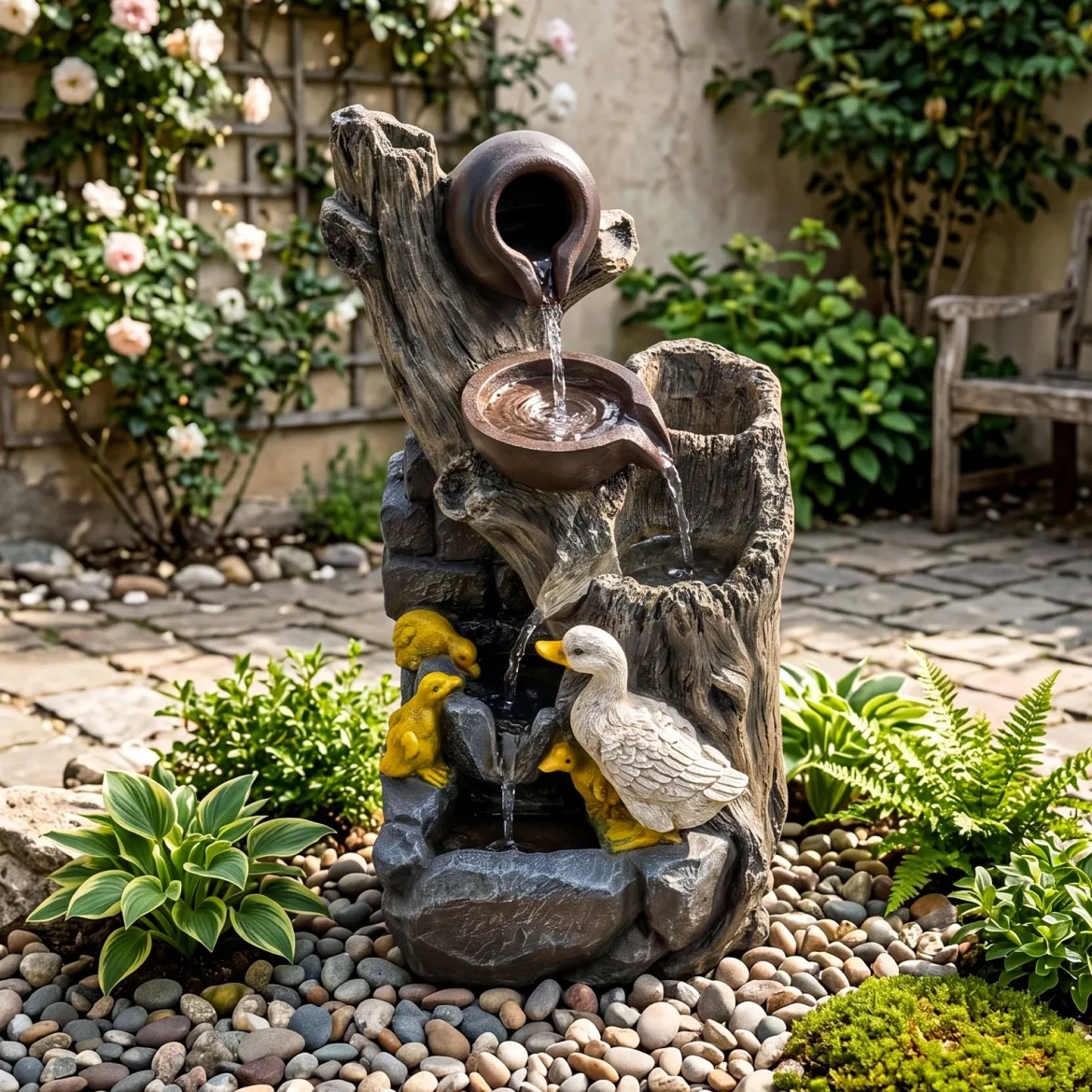 4-Stufiger Gartenbrunnen mit LED-Beleuchtung Dekorativer Zierbrunnen mit Entenmotiv 30 x 27 x 57 cm