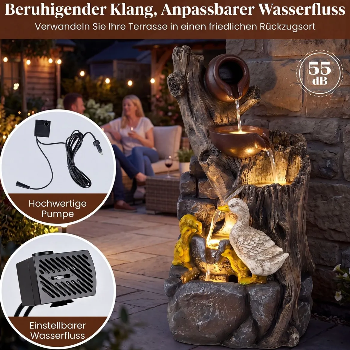 4-Stufiger Gartenbrunnen mit LED-Beleuchtung Dekorativer Zierbrunnen mit Entenmotiv 30 x 27 x 57 cm