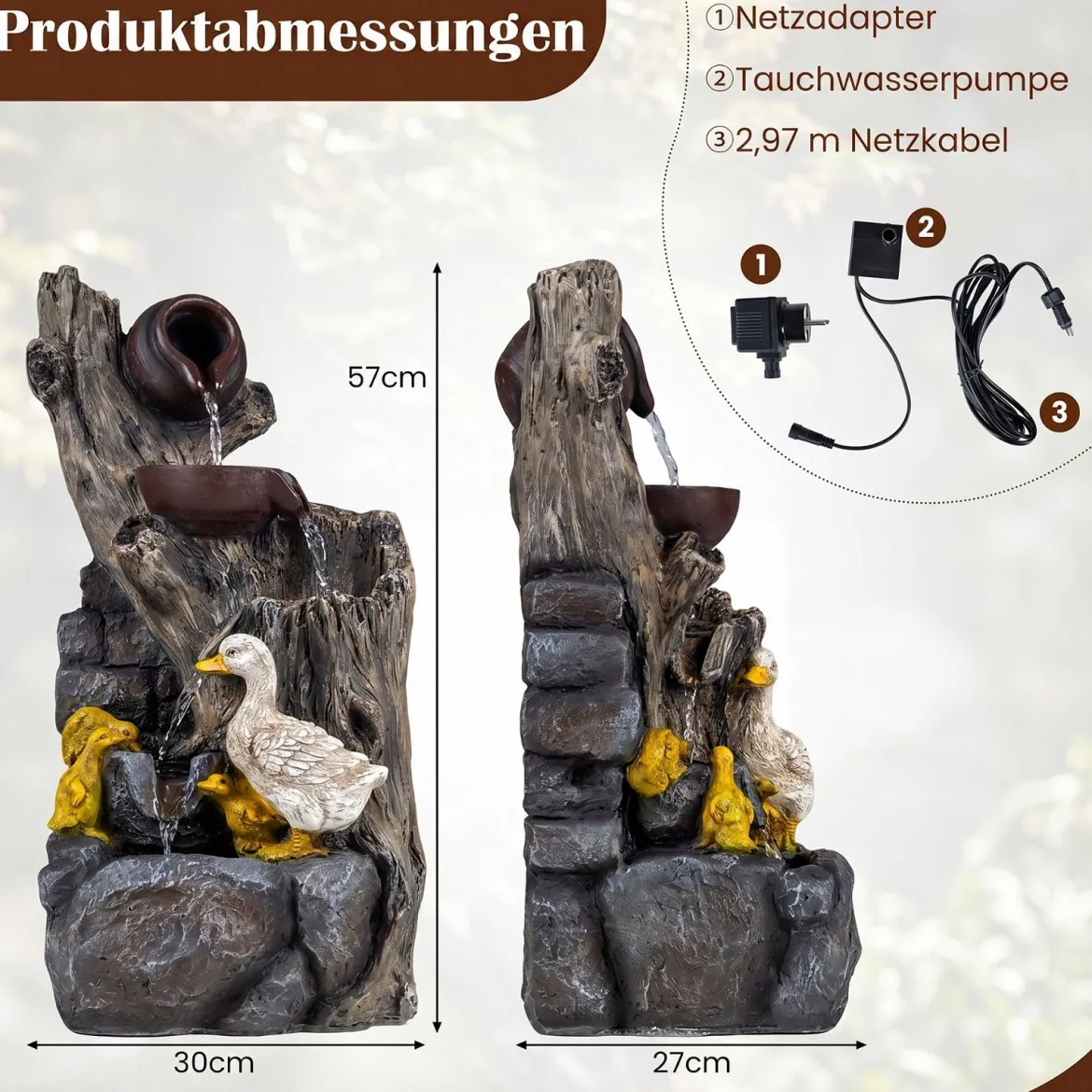 4-Stufiger Gartenbrunnen mit LED-Beleuchtung Dekorativer Zierbrunnen mit Entenmotiv 30 x 27 x 57 cm