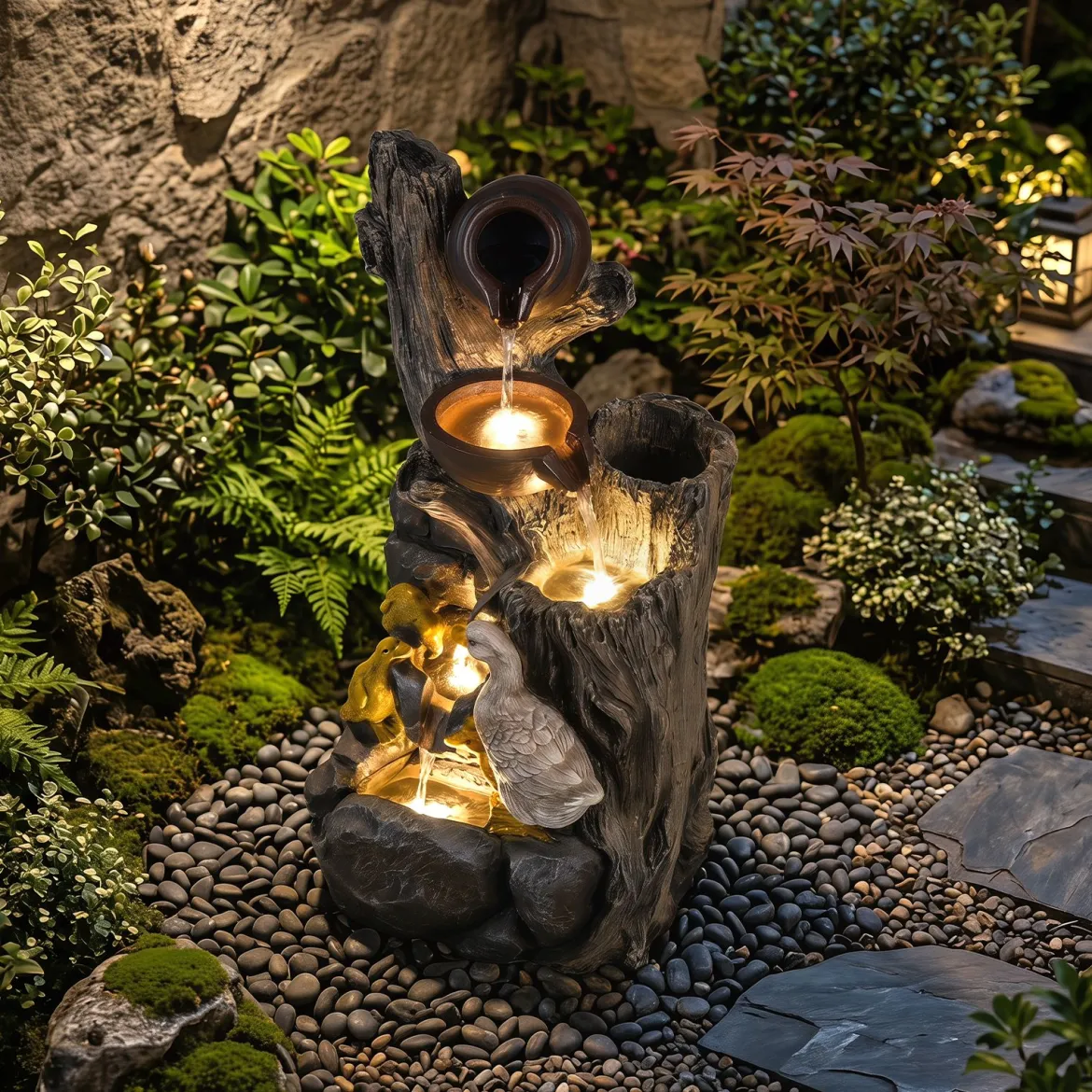 4-Stufiger Gartenbrunnen mit LED-Beleuchtung Dekorativer Zierbrunnen mit Entenmotiv 30 x 27 x 57 cm