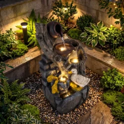 4-Stufiger Gartenbrunnen mit LED-Beleuchtung Dekorativer Zierbrunnen mit Entenmotiv 30 x 27 x 57 cm