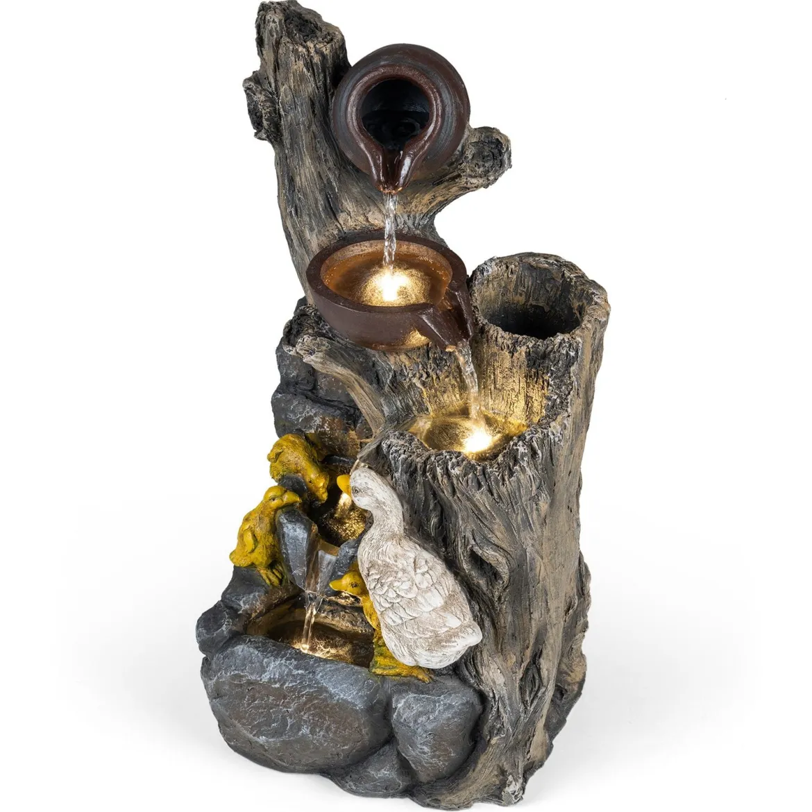 4-Stufiger Gartenbrunnen mit LED-Beleuchtung Dekorativer Zierbrunnen mit Entenmotiv 30 x 27 x 57 cm