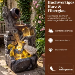 4-Stufiger Gartenbrunnen mit LED-Beleuchtung Dekorativer Zierbrunnen mit Entenmotiv 30 x 27 x 57 cm