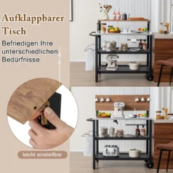 4 Stufiger Grillwagen mit Aufklappbarem Tisch Haken Handtuchhalter & Müllbeutelhalter Grilltisch