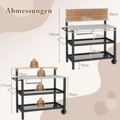 4 Stufiger Grillwagen mit Aufklappbarem Tisch Haken Handtuchhalter & Müllbeutelhalter Grilltisch
