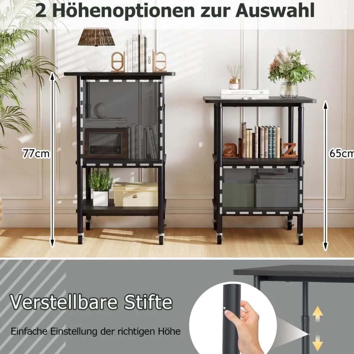 3-stufiger Höhenverstellbarer Druckerständer mit Ablageflächen & Rollen Druckerwagen Schwarz