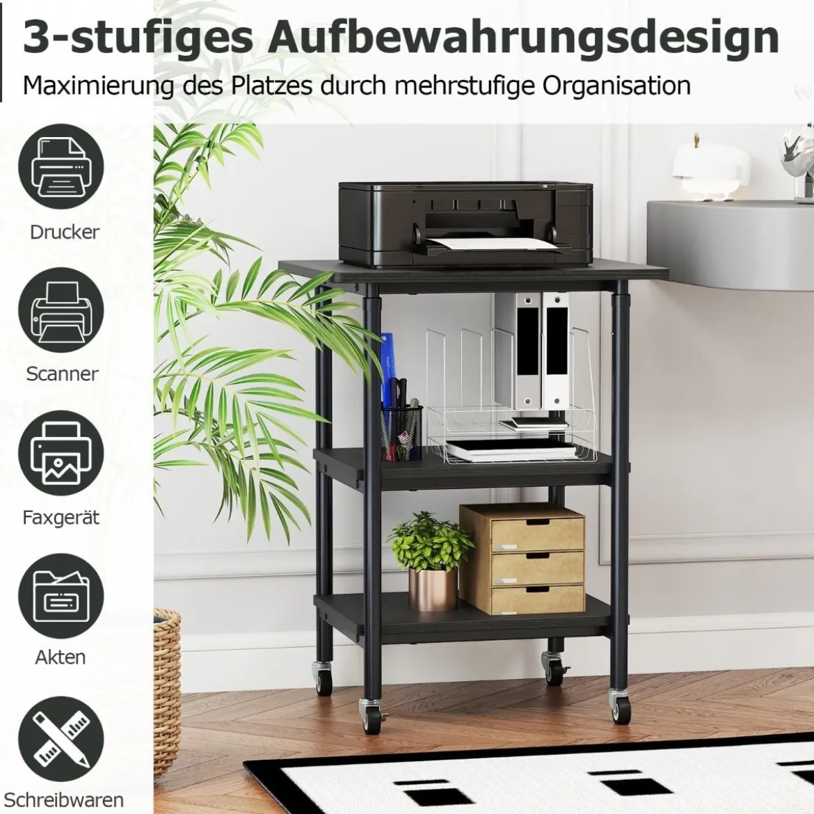 3-stufiger Höhenverstellbarer Druckerständer mit Ablageflächen & Rollen Druckerwagen Schwarz