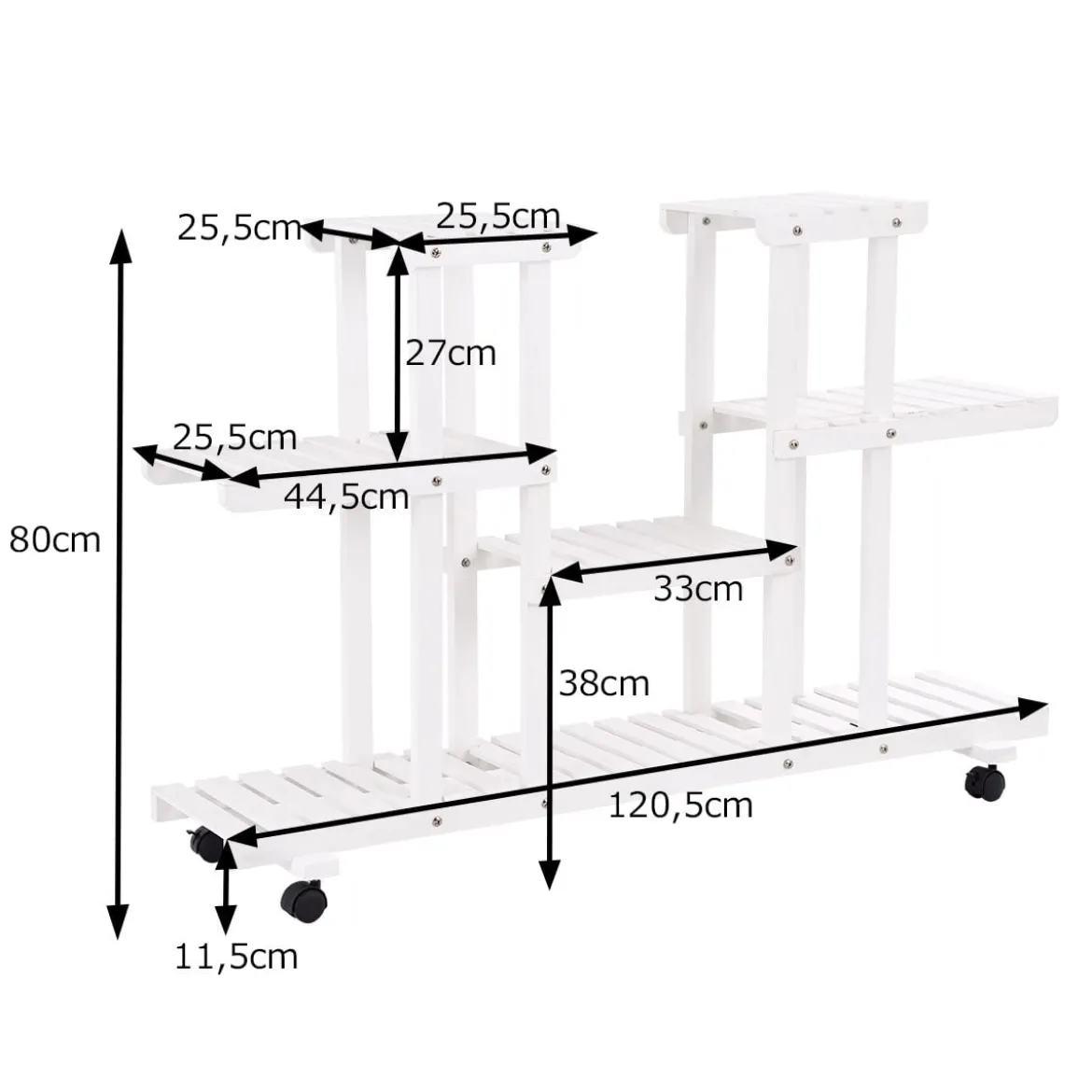 4-stufiger hölzerner Pflanzenständer mit abschließbaren Rädern 120,5 x 25,5 x 80 cm Weiß