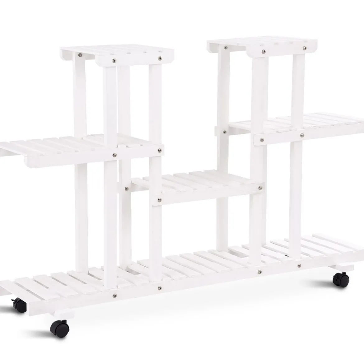 4-stufiger hölzerner Pflanzenständer mit abschließbaren Rädern 120,5 x 25,5 x 80 cm Weiß
