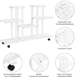 4-stufiger hölzerner Pflanzenständer mit abschließbaren Rädern 120,5 x 25,5 x 80 cm Weiß