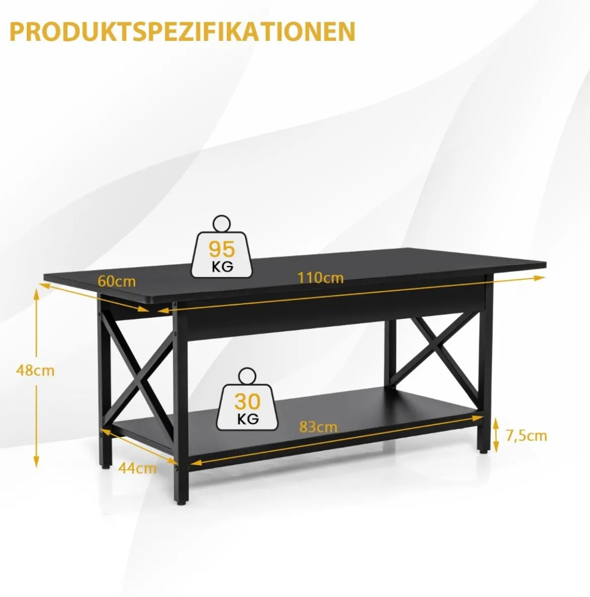 2-stufiger Industrieller Couchtisch mit Ablagefläche & X-förmigem Metallrahmen Schwarz