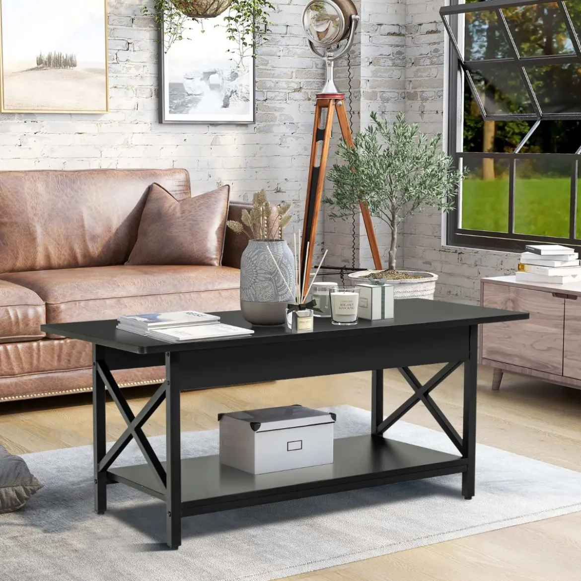 2-stufiger Industrieller Couchtisch mit Ablagefläche & X-förmigem Metallrahmen Schwarz