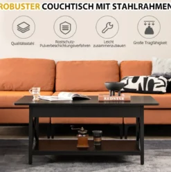 2-stufiger Industrieller Couchtisch mit Ablagefläche & X-förmigem Metallrahmen Schwarz