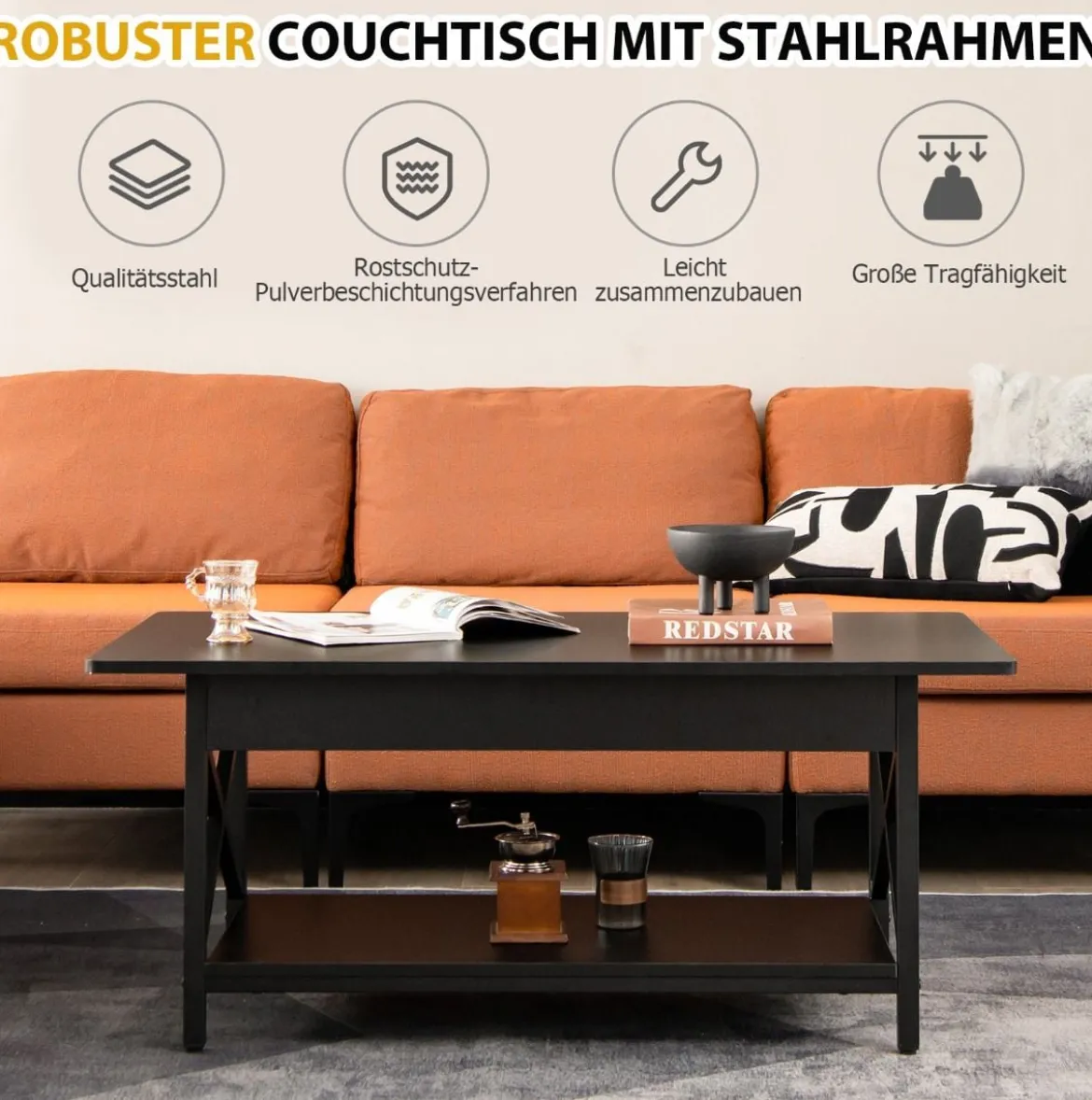 2-stufiger Industrieller Couchtisch mit Ablagefläche & X-förmigem Metallrahmen Schwarz