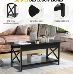 2-stufiger Industrieller Couchtisch mit Ablagefläche & X-förmigem Metallrahmen Schwarz