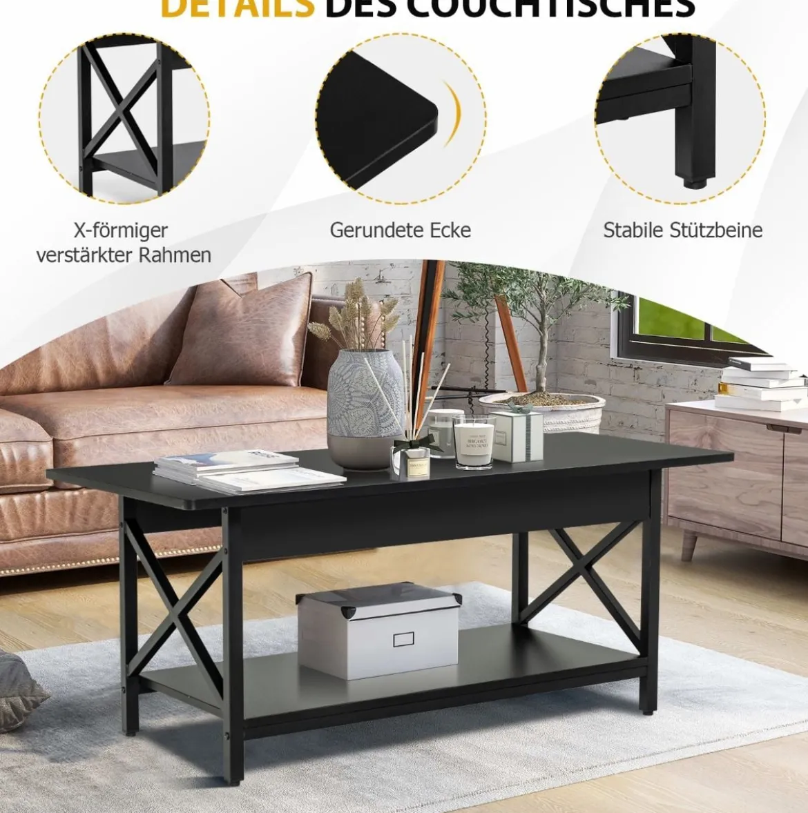 2-stufiger Industrieller Couchtisch mit Ablagefläche & X-förmigem Metallrahmen Schwarz