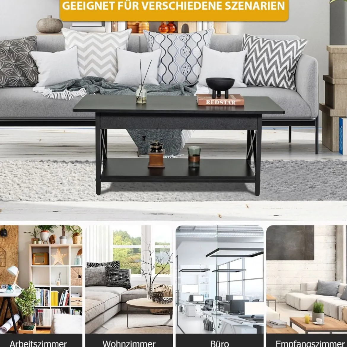 2-stufiger Industrieller Couchtisch mit Ablagefläche & X-förmigem Metallrahmen Schwarz