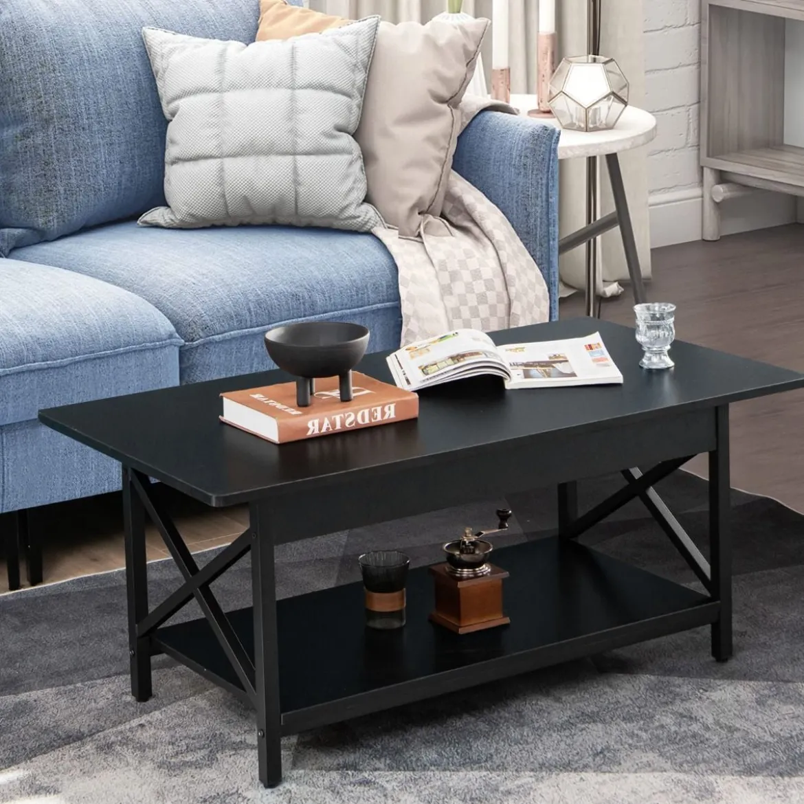2-stufiger Industrieller Couchtisch mit Ablagefläche & X-förmigem Metallrahmen Schwarz