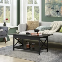 2-stufiger Industrieller Couchtisch mit Ablagefläche & X-förmigem Metallrahmen Schwarz