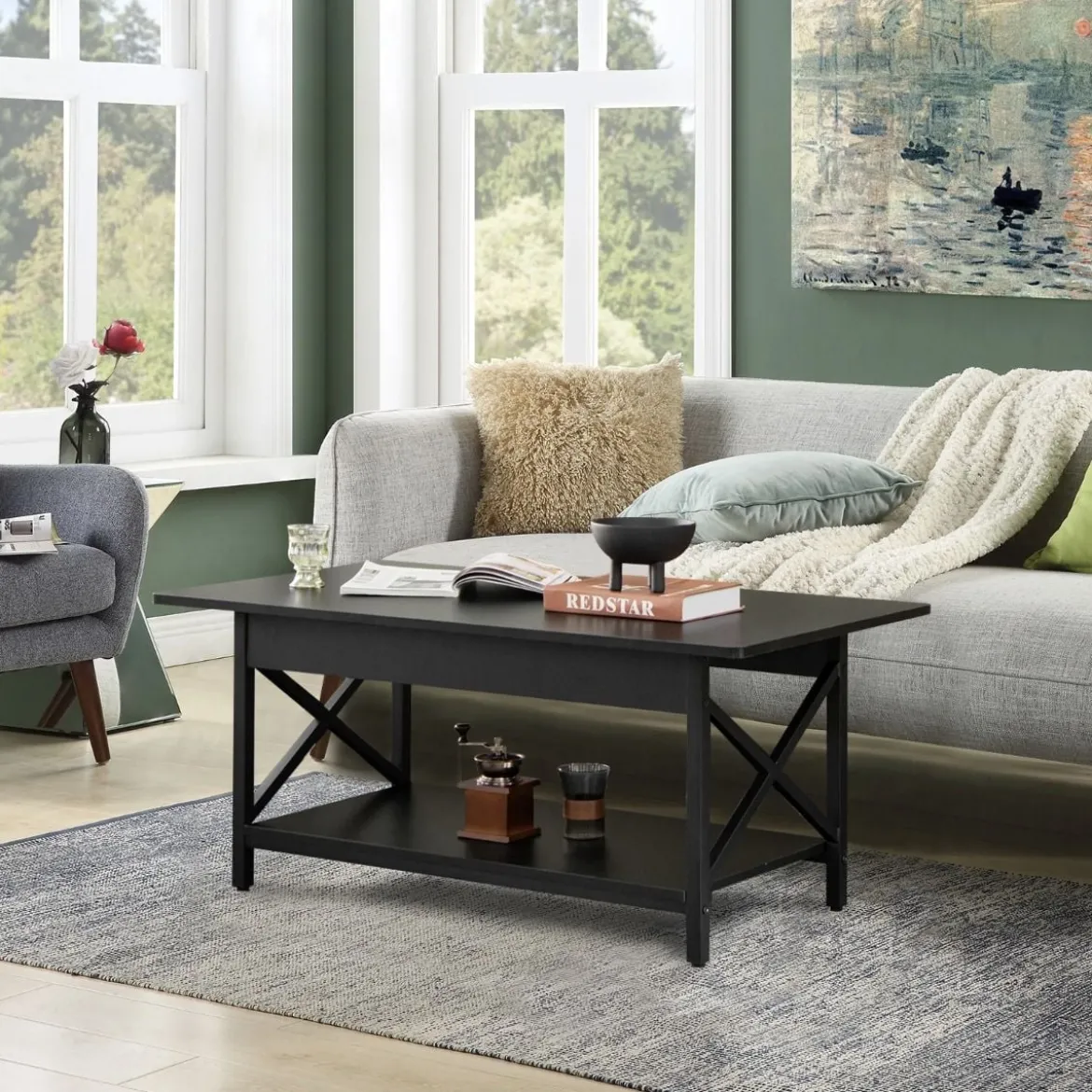 2-stufiger Industrieller Couchtisch mit Ablagefläche & X-förmigem Metallrahmen Schwarz