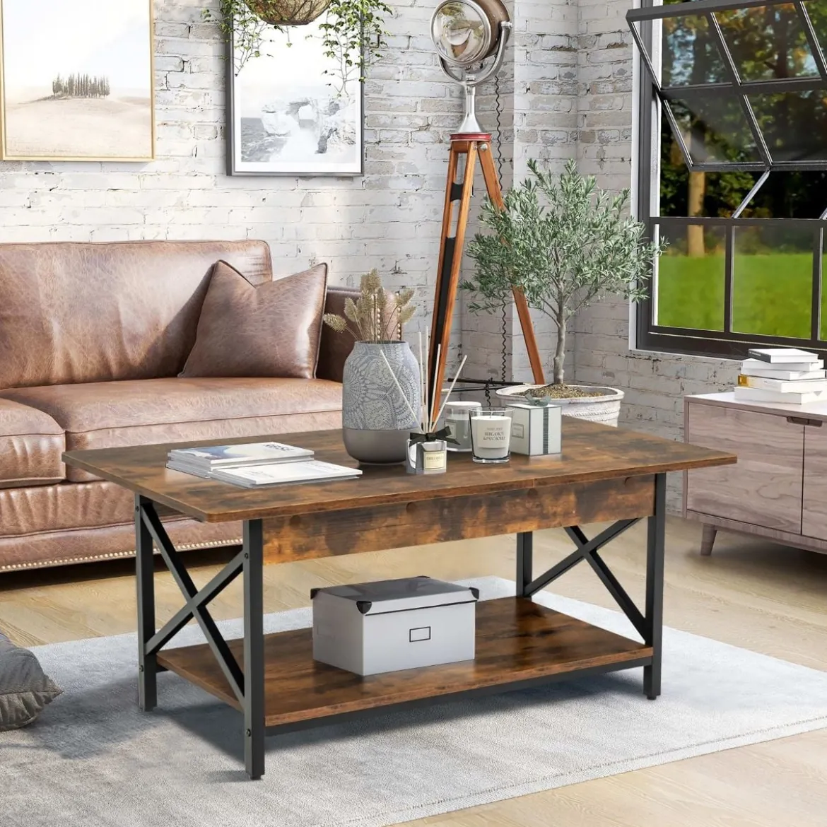 2-stufiger Industrieller Couchtisch mit Ablagefläche & X-förmigem Metallrahmen Braun