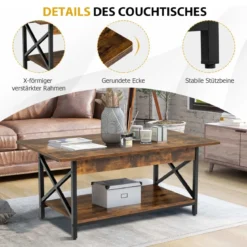 2-stufiger Industrieller Couchtisch mit Ablagefläche & X-förmigem Metallrahmen Braun