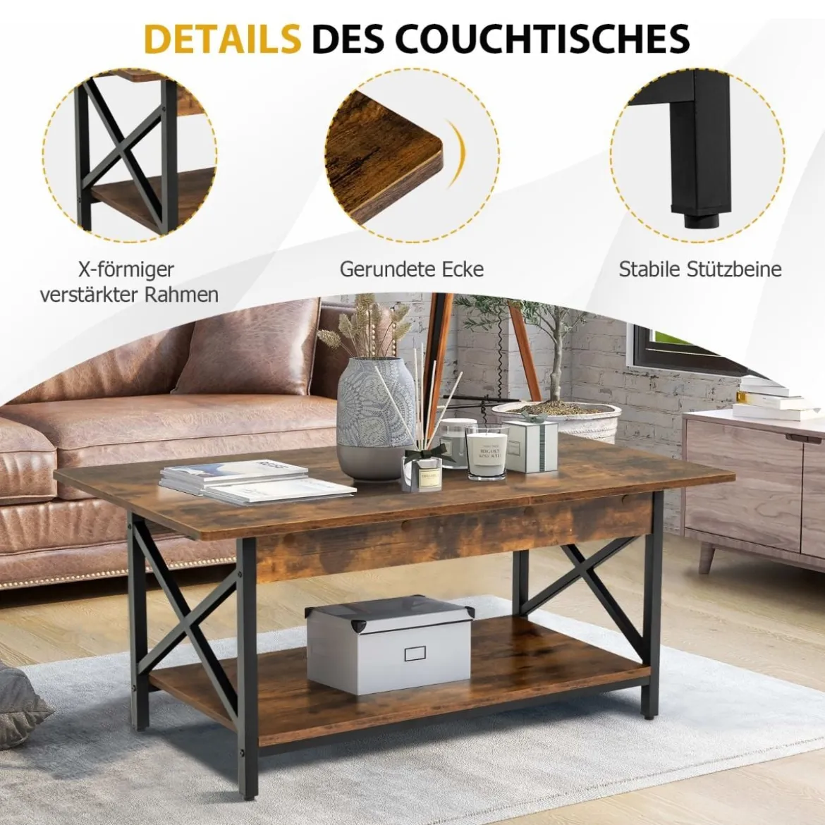 2-stufiger Industrieller Couchtisch mit Ablagefläche & X-förmigem Metallrahmen Braun