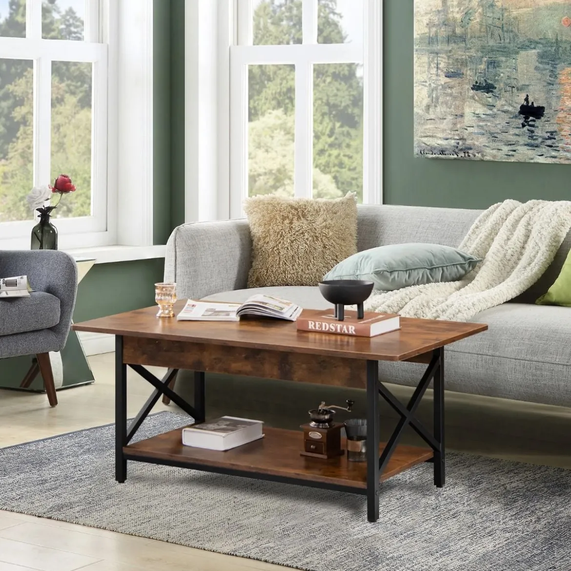 2-stufiger Industrieller Couchtisch mit Ablagefläche & X-förmigem Metallrahmen Braun