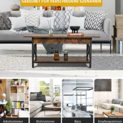 2-stufiger Industrieller Couchtisch mit Ablagefläche & X-förmigem Metallrahmen Braun