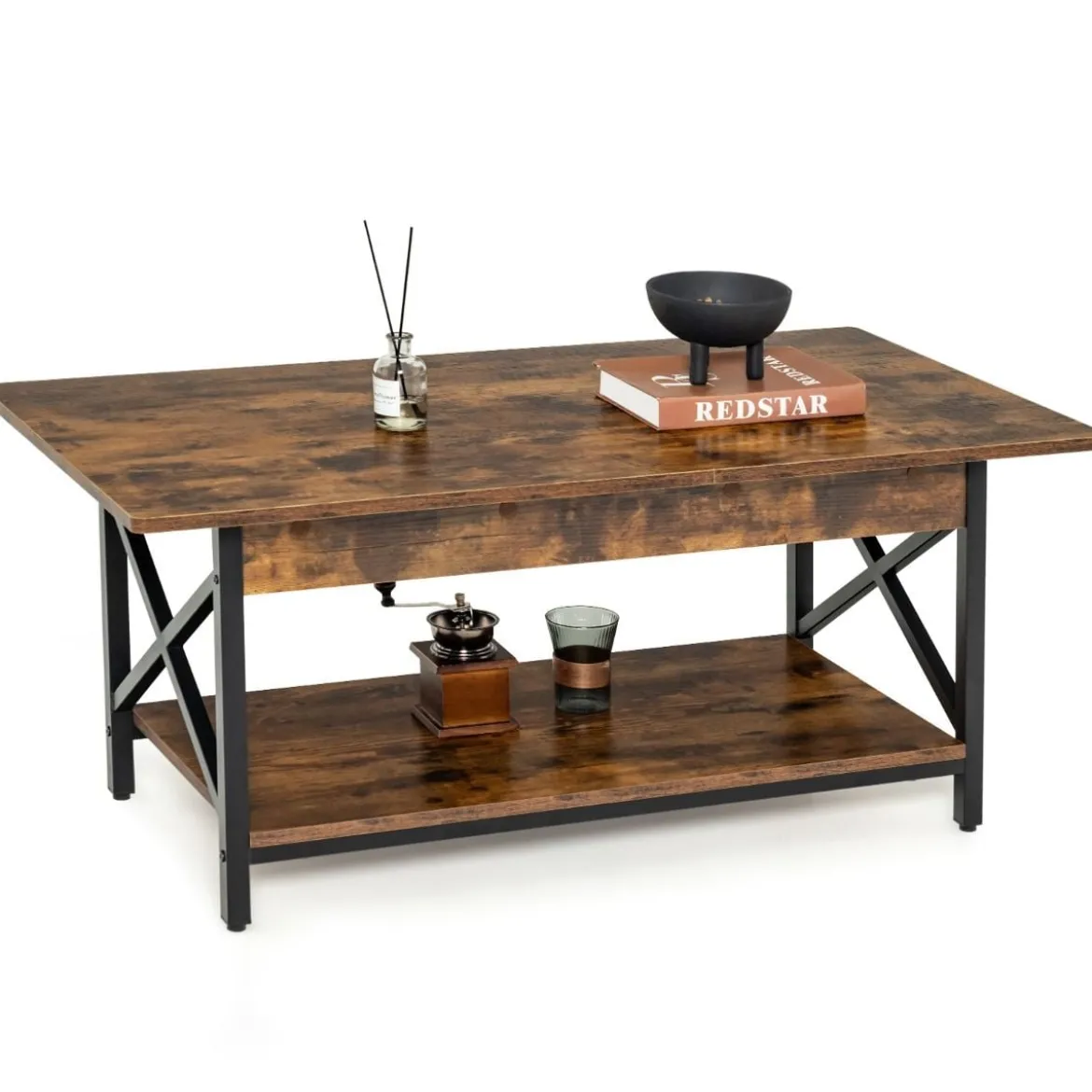 2-stufiger Industrieller Couchtisch mit Ablagefläche & X-förmigem Metallrahmen Braun