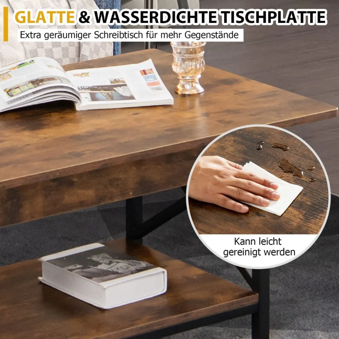 2-stufiger Industrieller Couchtisch mit Ablagefläche & X-förmigem Metallrahmen Braun