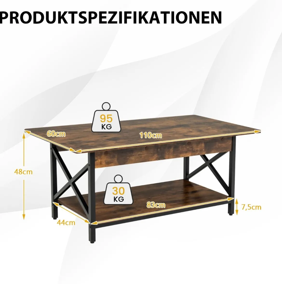 2-stufiger Industrieller Couchtisch mit Ablagefläche & X-förmigem Metallrahmen Braun