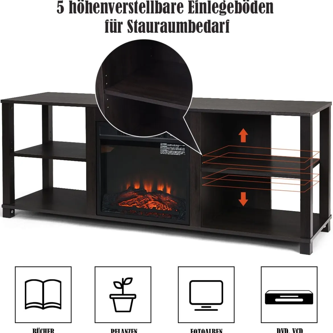 2-stufiger Kamin-TV-Ständer für Fernseher bis zu 65" und Elektrokamin bis zu 18" (Nicht inklusive) 150 x 40 x 58 cm Schwarz