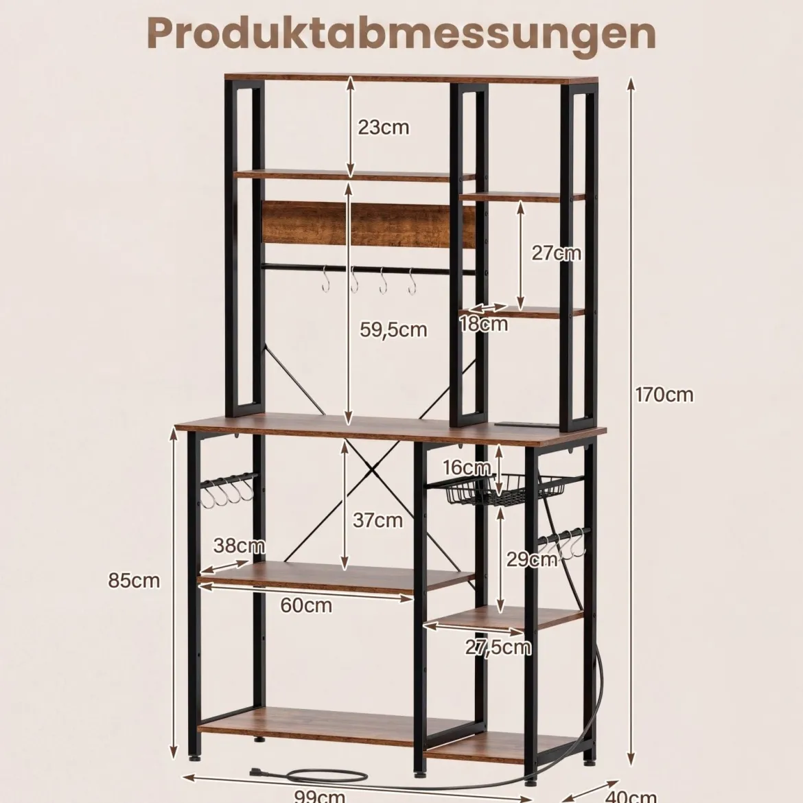 6-stufiger Küchenregal mit Steckdose & Drahtkorb Standregal Mikrowellenregal Bäckerregal 99 × 40 × 170 cm