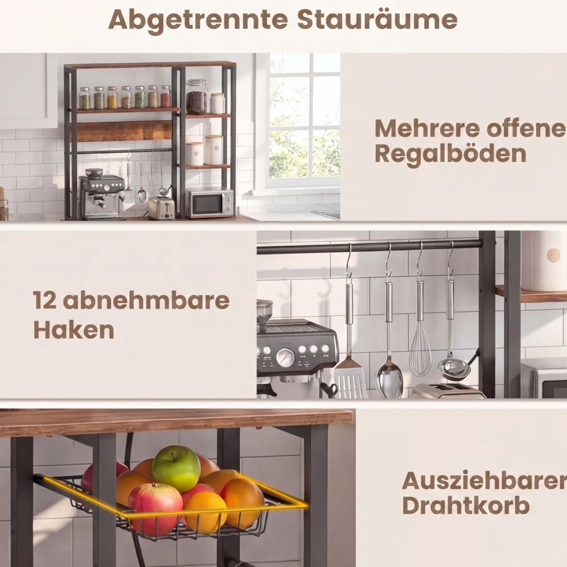 6-stufiger Küchenregal mit Steckdose & Drahtkorb Standregal Mikrowellenregal Bäckerregal 99 × 40 × 170 cm
