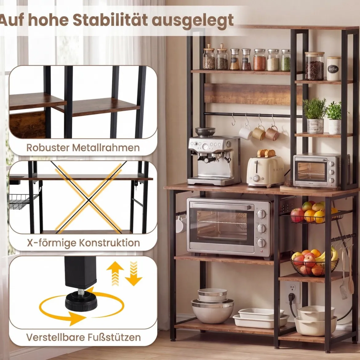 6-stufiger Küchenregal mit Steckdose & Drahtkorb Standregal Mikrowellenregal Bäckerregal 99 × 40 × 170 cm