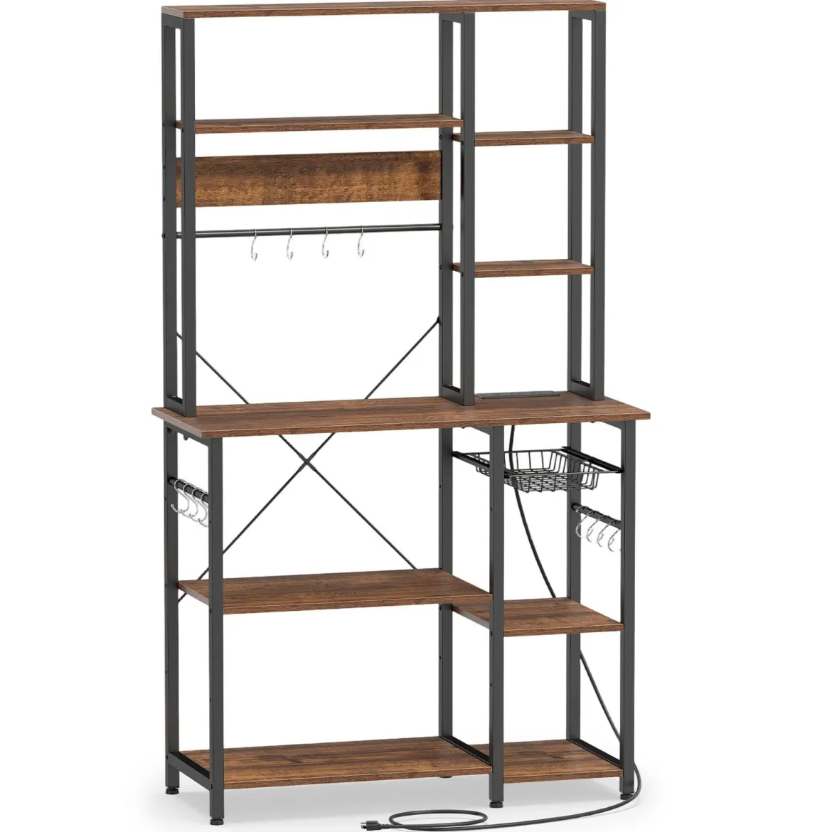 6-stufiger Küchenregal mit Steckdose & Drahtkorb Standregal Mikrowellenregal Bäckerregal 99 × 40 × 170 cm